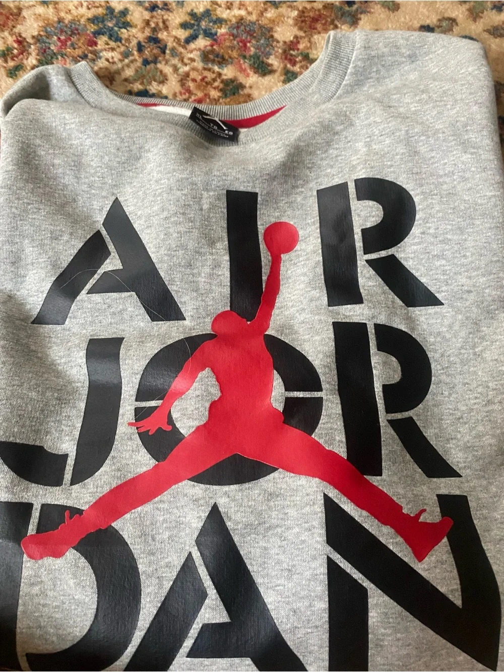Jordan Grey Crewneck Sweatshirt with Red Jumpman and Black Stencil X-Large
